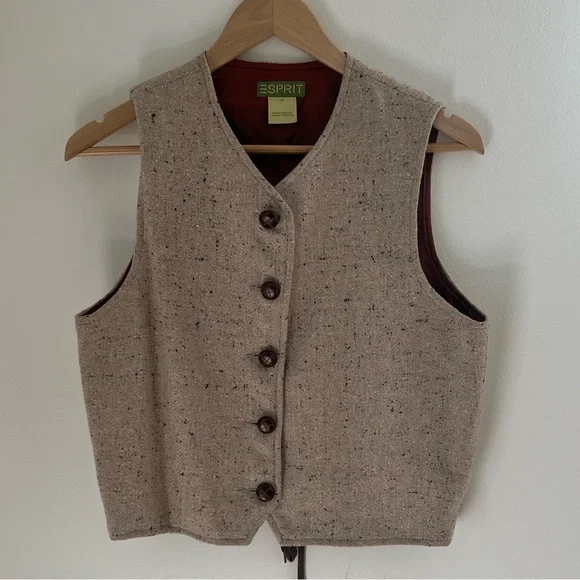 Vintage Esprit Wool Rayon Blend Vest Wooden Buttons Flecked Tan Brown Lined S - Picture 1 of 5